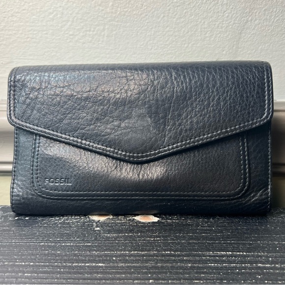 Fossil Vintage Black Pebbled Leather Tri-Fold Wallet Check Book Coin Card Pocket - Picture 1 of 8
